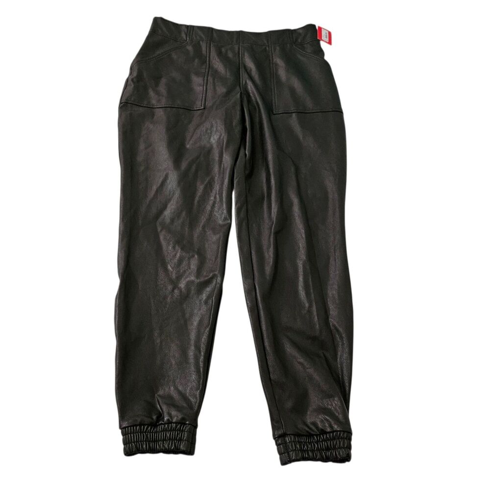 Spanx Leather Like Jogger Pants 1X Black Vegan‎ Stretch Ruched High-Rise NWT